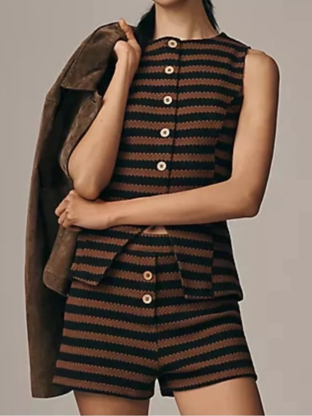 Maeve Striped Knit Button-Front Sleeveless Top - Brown & Black - Picture 1 of 9
